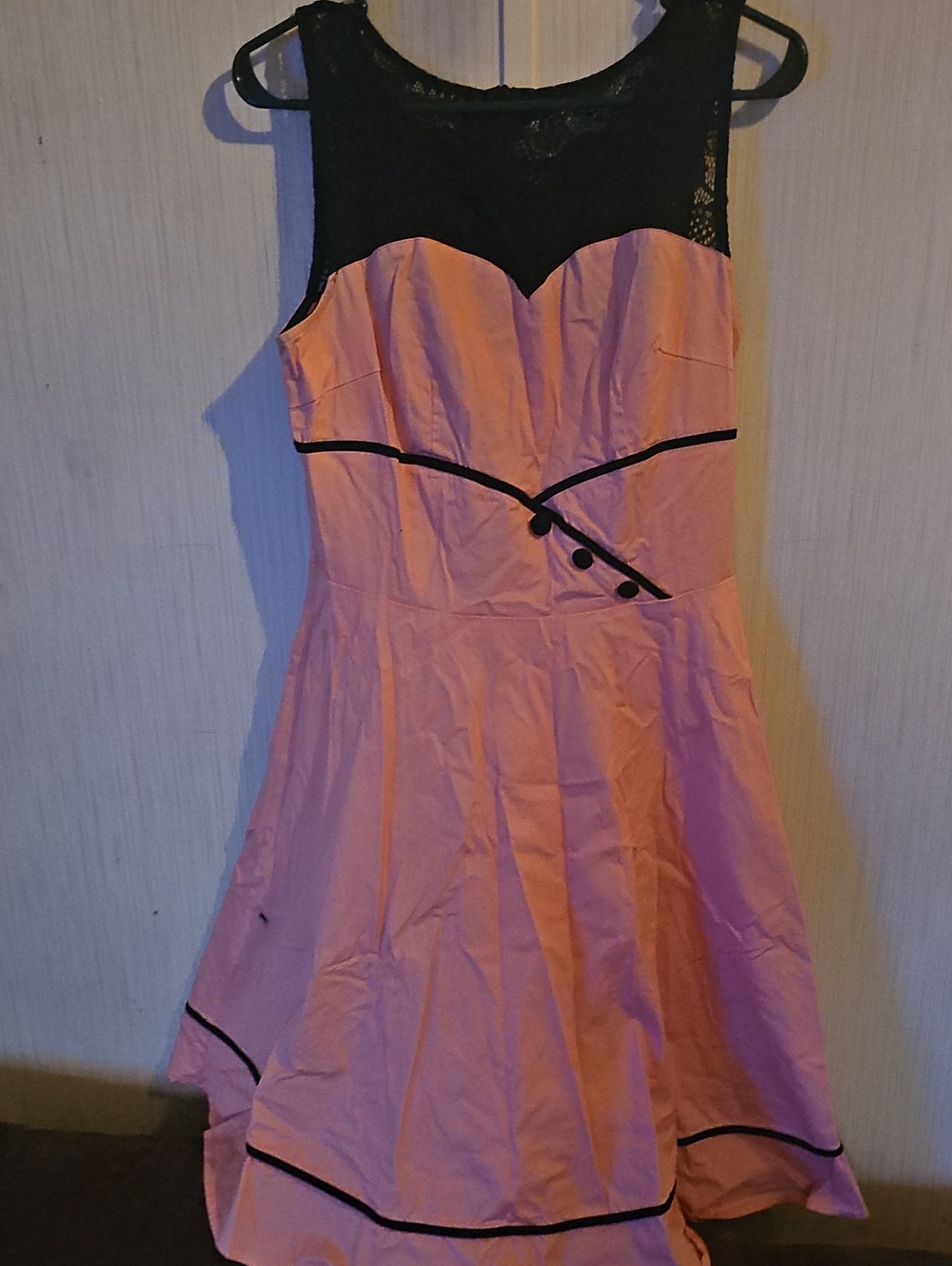 Women’s Pink Fit-and-Flare Dress with Black Lace Trim